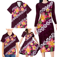 Pink Polynesia Family Matching Long Sleeve Bodycon Dress and Hawaiian Shirt Plumeria With Hibiscus Pattern Tropical Vibes LT14 - Polynesian Pride