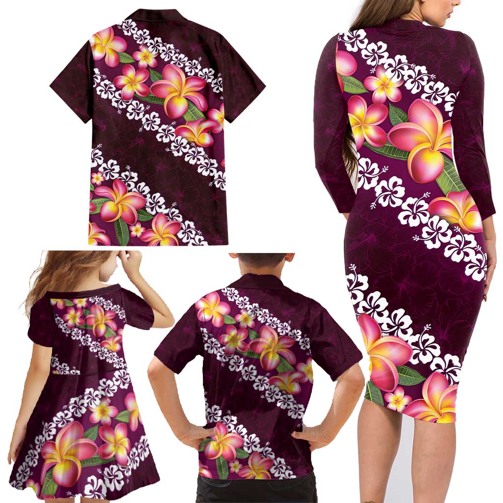 Pink Polynesia Family Matching Long Sleeve Bodycon Dress and Hawaiian Shirt Plumeria With Hibiscus Pattern Tropical Vibes LT14 - Polynesian Pride