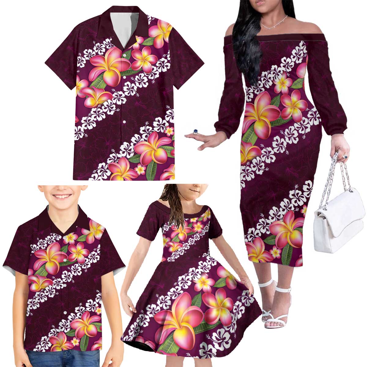 Pink Polynesia Family Matching Off The Shoulder Long Sleeve Dress and Hawaiian Shirt Plumeria With Hibiscus Pattern Tropical Vibes LT14 - Polynesian Pride