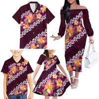 Pink Polynesia Family Matching Off The Shoulder Long Sleeve Dress and Hawaiian Shirt Plumeria With Hibiscus Pattern Tropical Vibes LT14 - Polynesian Pride