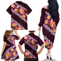 Pink Polynesia Family Matching Off The Shoulder Long Sleeve Dress and Hawaiian Shirt Plumeria With Hibiscus Pattern Tropical Vibes LT14 - Polynesian Pride