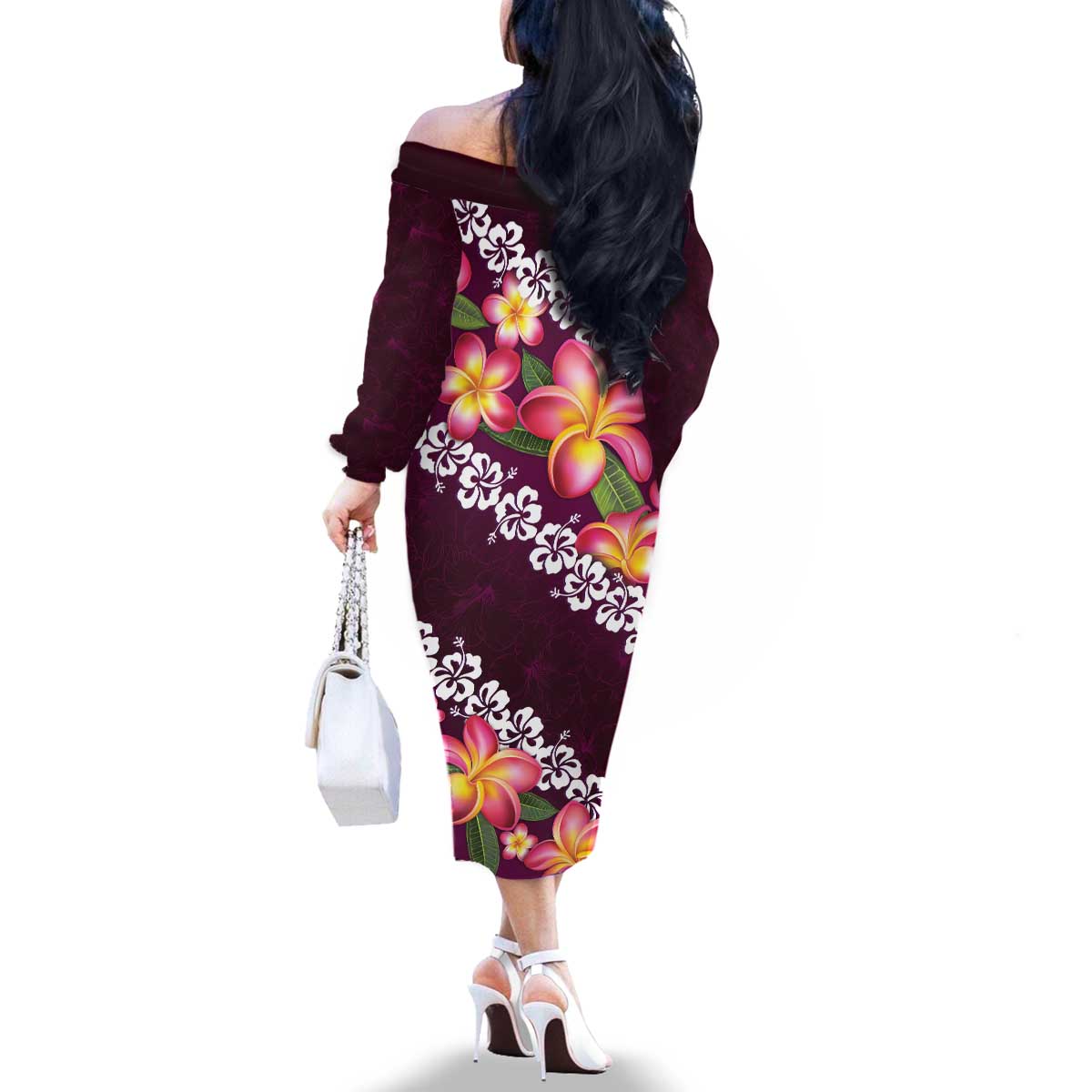 Pink Polynesia Family Matching Off The Shoulder Long Sleeve Dress and Hawaiian Shirt Plumeria With Hibiscus Pattern Tropical Vibes LT14 - Polynesian Pride