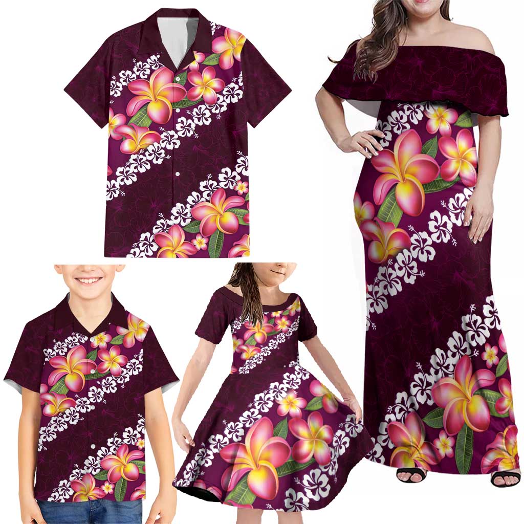 Pink Polynesia Family Matching Off Shoulder Maxi Dress and Hawaiian Shirt Plumeria With Hibiscus Pattern Tropical Vibes LT14 - Polynesian Pride