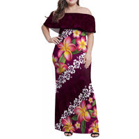 Pink Polynesia Family Matching Off Shoulder Maxi Dress and Hawaiian Shirt Plumeria With Hibiscus Pattern Tropical Vibes LT14 Mom's Dress Pink - Polynesian Pride