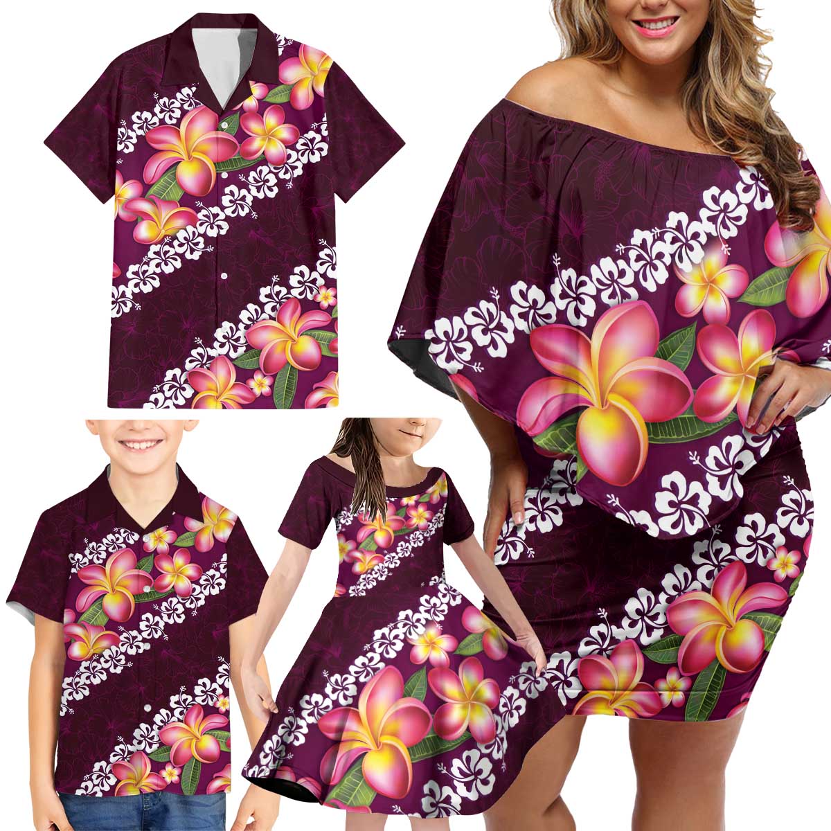 Pink Polynesia Family Matching Off Shoulder Short Dress and Hawaiian Shirt Plumeria With Hibiscus Pattern Tropical Vibes LT14 - Polynesian Pride