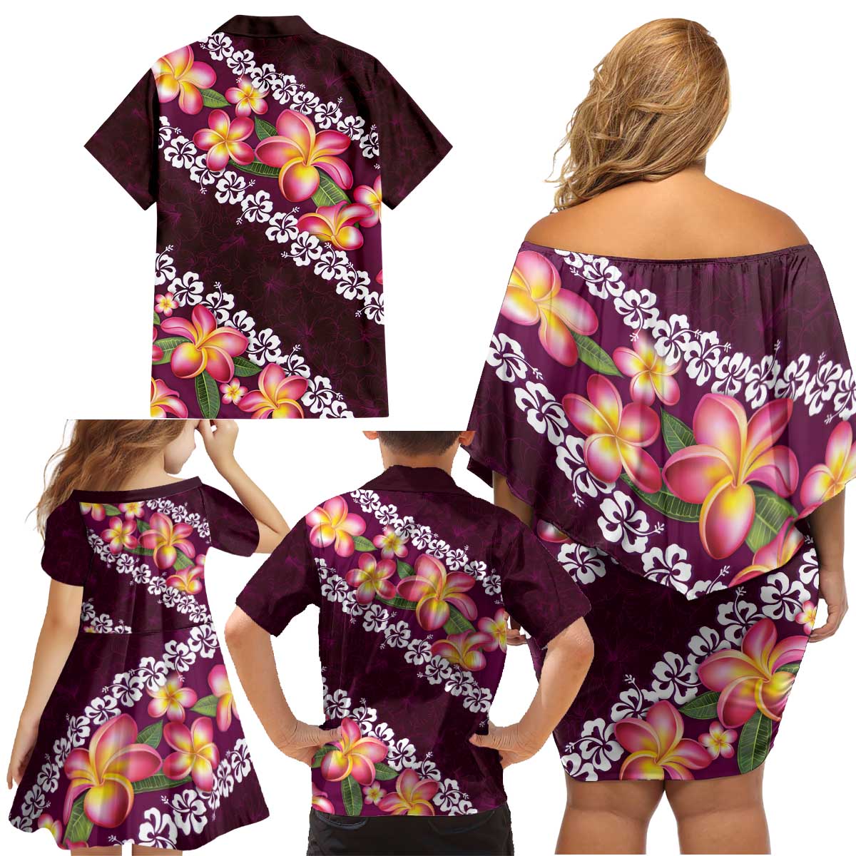 Pink Polynesia Family Matching Off Shoulder Short Dress and Hawaiian Shirt Plumeria With Hibiscus Pattern Tropical Vibes LT14 - Polynesian Pride
