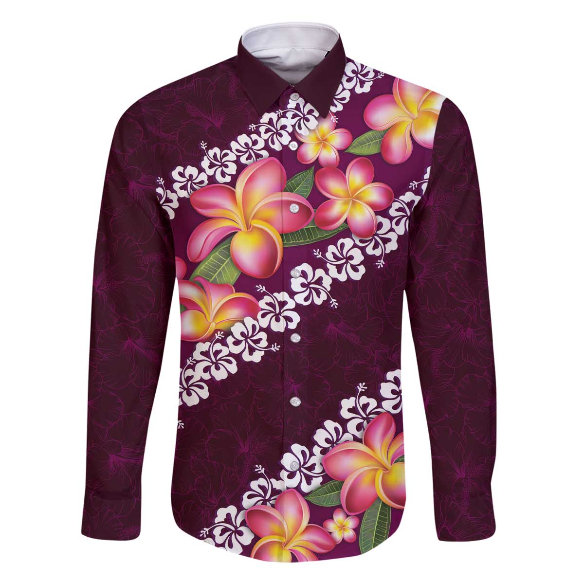 Pink Polynesia Family Matching Off Shoulder Short Dress and Hawaiian Shirt Plumeria With Hibiscus Pattern Tropical Vibes LT14 Dad's Shirt - Long Sleeve Pink - Polynesian Pride