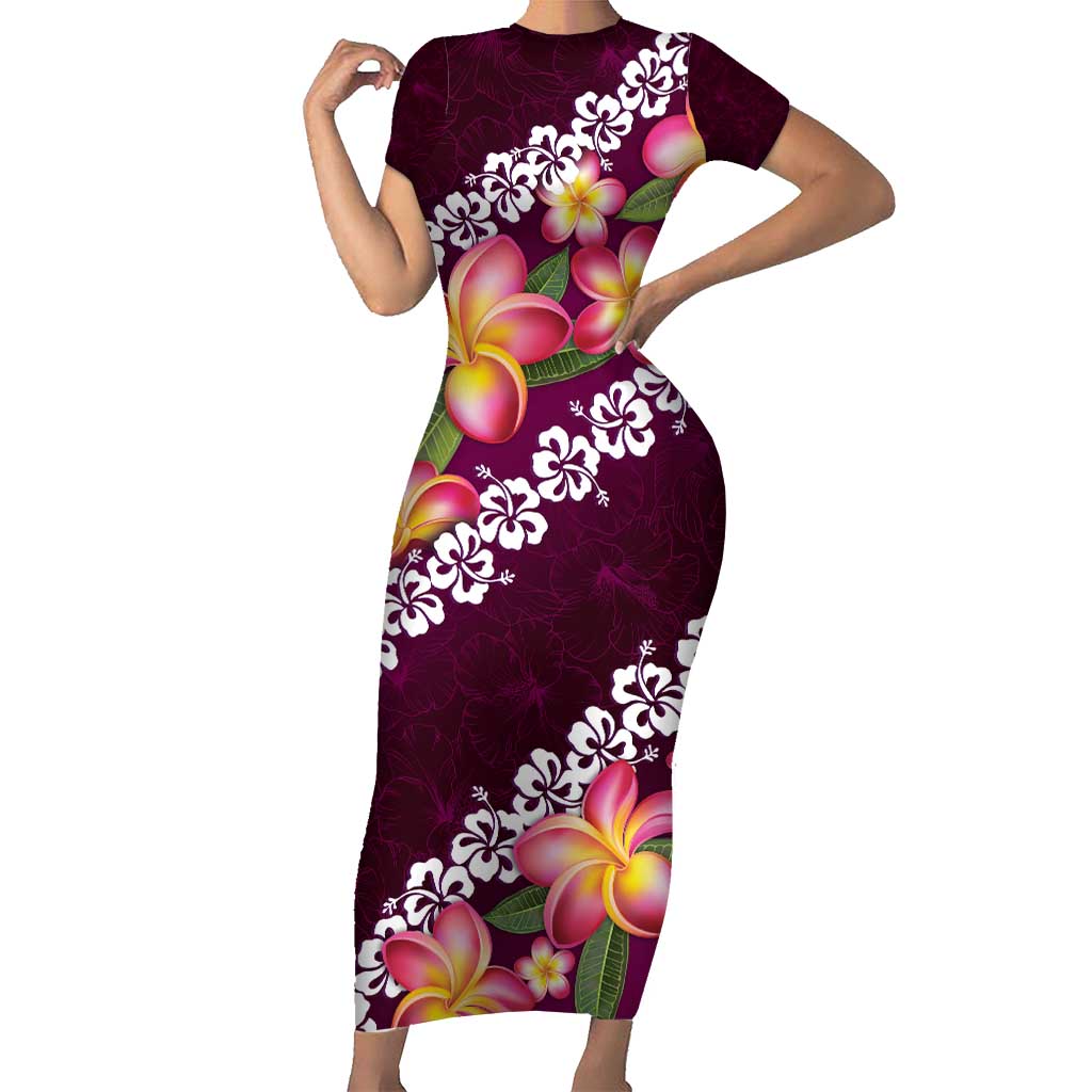 Pink Polynesia Family Matching Short Sleeve Bodycon Dress and Hawaiian Shirt Plumeria With Hibiscus Pattern Tropical Vibes LT14 Mom's Dress Pink - Polynesian Pride