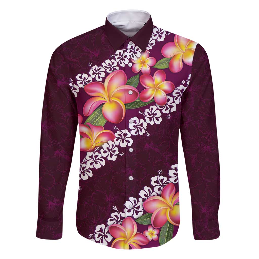 Pink Polynesia Family Matching Tank Maxi Dress and Hawaiian Shirt Plumeria With Hibiscus Pattern Tropical Vibes LT14 Dad's Shirt - Long Sleeve Pink - Polynesian Pride
