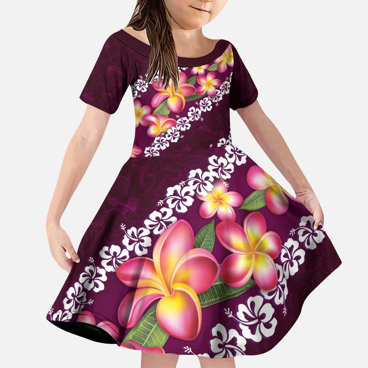 Pink Polynesia Kid Short Sleeve Dress Plumeria With Hibiscus Pattern Tropical Vibes LT14 KID Pink - Polynesian Pride