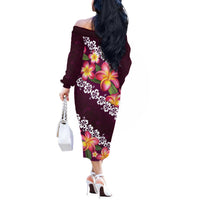 Pink Polynesia Off The Shoulder Long Sleeve Dress Plumeria With Hibiscus Pattern Tropical Vibes LT14 - Polynesian Pride