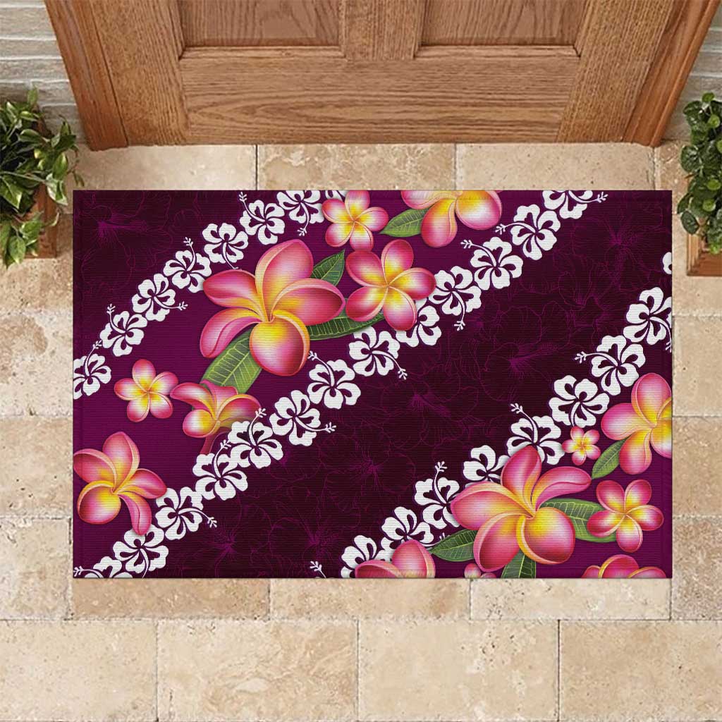 Pink Polynesia Rubber Doormat Plumeria With Hibiscus Pattern Tropical Vibes