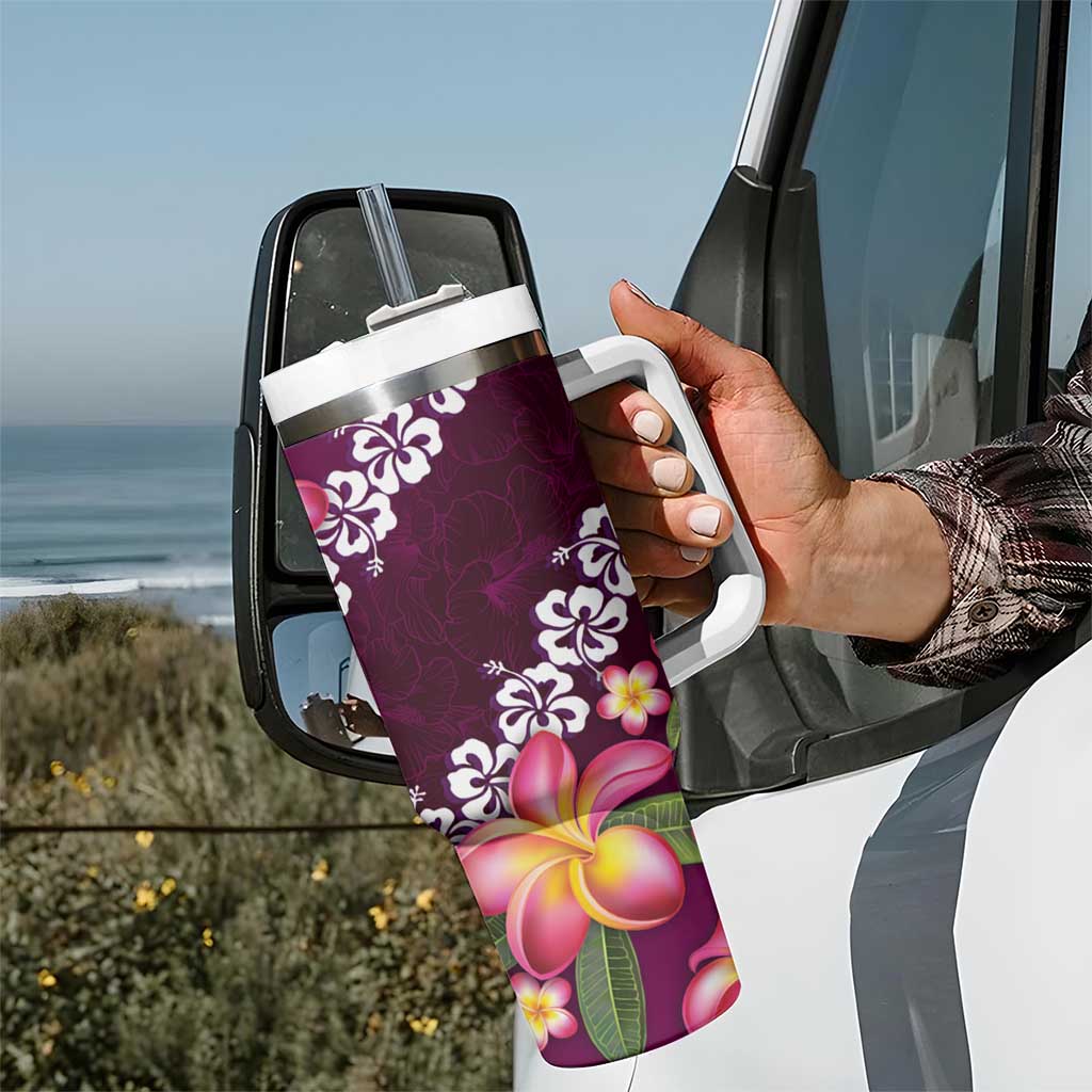 Pink Polynesia Tumbler With Handle Plumeria With Hibiscus Pattern Tropical Vibes