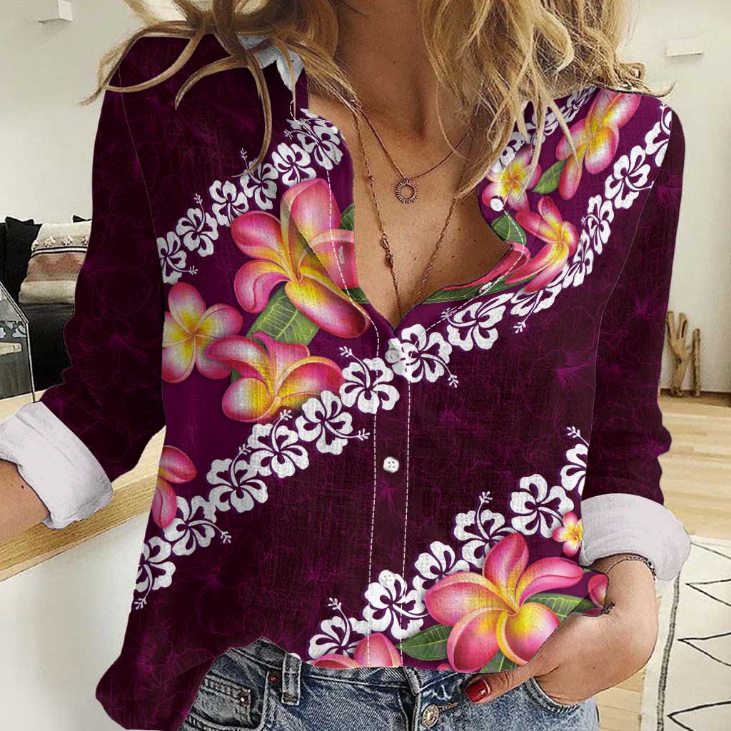 Pink Polynesia Women Casual Shirt Plumeria With Hibiscus Pattern Tropical Vibes