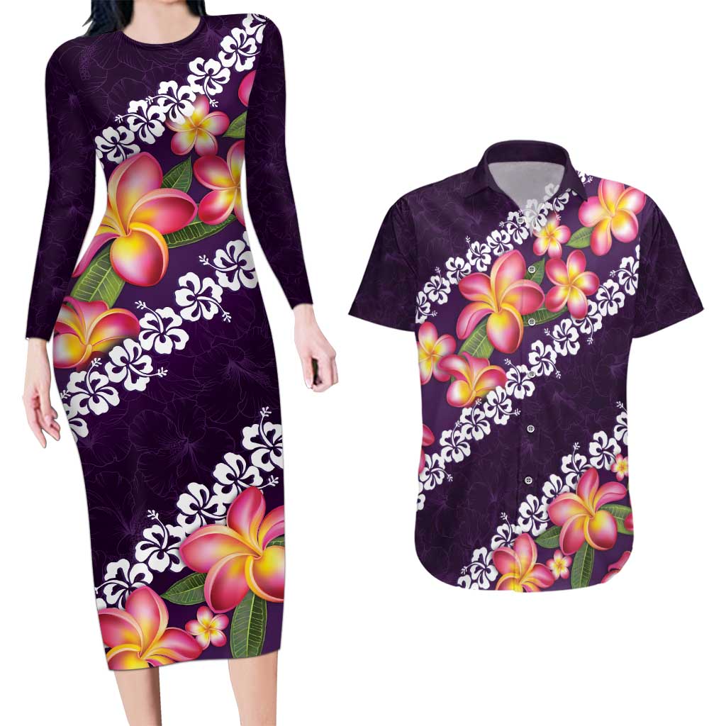 Purple Polynesia Couples Matching Long Sleeve Bodycon Dress and Hawaiian Shirt Plumeria With Hibiscus Pattern Tropical Vibes LT14 Purple - Polynesian Pride