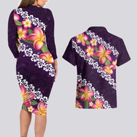 Purple Polynesia Couples Matching Long Sleeve Bodycon Dress and Hawaiian Shirt Plumeria With Hibiscus Pattern Tropical Vibes LT14 - Polynesian Pride