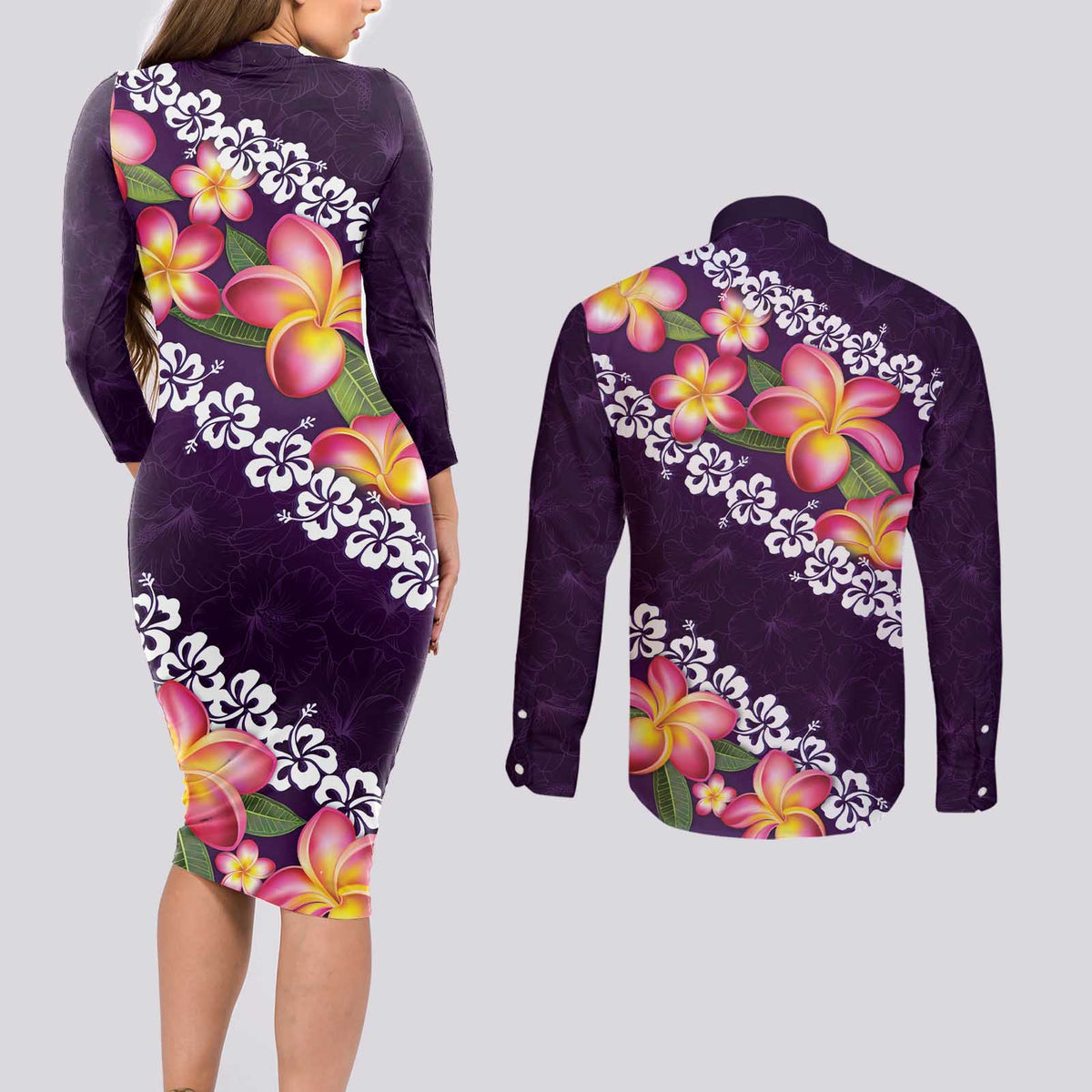 Purple Polynesia Couples Matching Long Sleeve Bodycon Dress and Long Sleeve Button Shirt Plumeria With Hibiscus Pattern Tropical Vibes