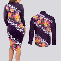 Purple Polynesia Couples Matching Long Sleeve Bodycon Dress and Long Sleeve Button Shirt Plumeria With Hibiscus Pattern Tropical Vibes