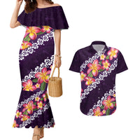 Purple Polynesia Couples Matching Mermaid Dress and Hawaiian Shirt Plumeria With Hibiscus Pattern Tropical Vibes LT14 Purple - Polynesian Pride