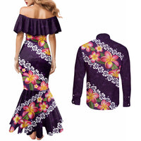 Purple Polynesia Couples Matching Mermaid Dress and Long Sleeve Button Shirt Plumeria With Hibiscus Pattern Tropical Vibes