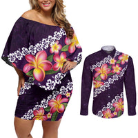 Purple Polynesia Couples Matching Off Shoulder Short Dress and Long Sleeve Button Shirt Plumeria With Hibiscus Pattern Tropical Vibes