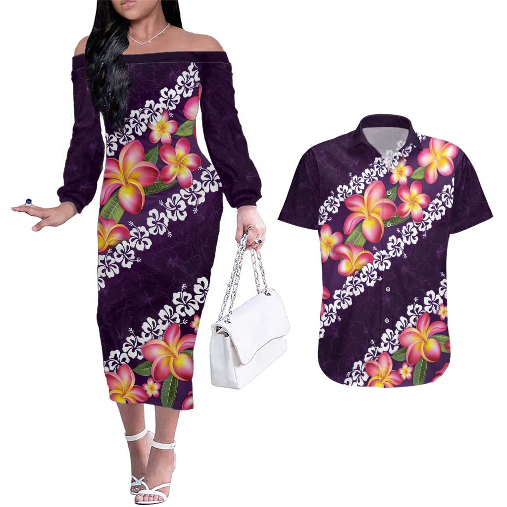 Purple Polynesia Couples Matching Off The Shoulder Long Sleeve Dress and Hawaiian Shirt Plumeria With Hibiscus Pattern Tropical Vibes LT14 Purple - Polynesian Pride