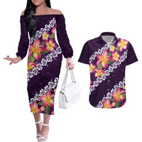 Purple Polynesia Couples Matching Off The Shoulder Long Sleeve Dress and Hawaiian Shirt Plumeria With Hibiscus Pattern Tropical Vibes LT14 Purple - Polynesian Pride