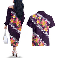 Purple Polynesia Couples Matching Off The Shoulder Long Sleeve Dress and Hawaiian Shirt Plumeria With Hibiscus Pattern Tropical Vibes LT14 - Polynesian Pride