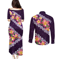Purple Polynesia Couples Matching Puletasi and Long Sleeve Button Shirt Plumeria With Hibiscus Pattern Tropical Vibes
