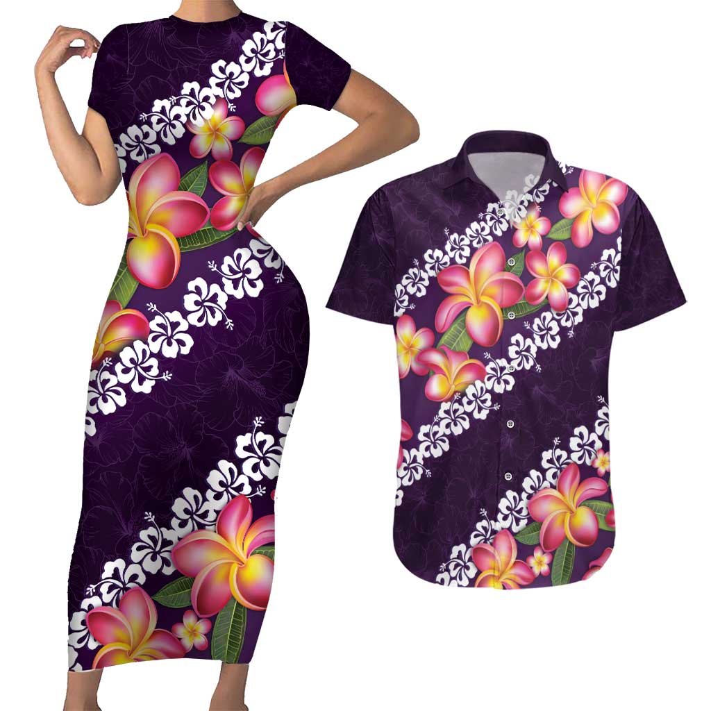 Purple Polynesia Couples Matching Short Sleeve Bodycon Dress and Hawaiian Shirt Plumeria With Hibiscus Pattern Tropical Vibes LT14 Purple - Polynesian Pride