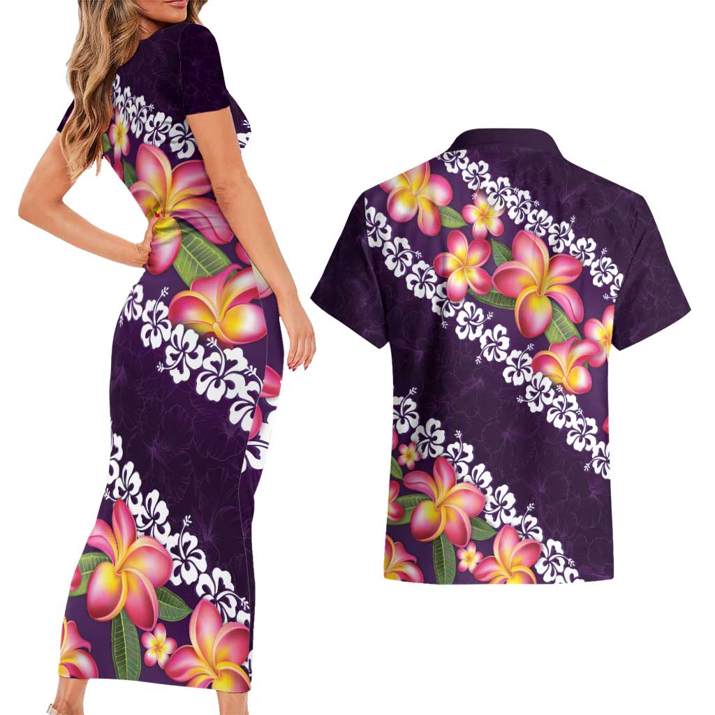 Purple Polynesia Couples Matching Short Sleeve Bodycon Dress and Hawaiian Shirt Plumeria With Hibiscus Pattern Tropical Vibes LT14 - Polynesian Pride