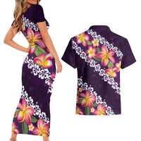 Purple Polynesia Couples Matching Short Sleeve Bodycon Dress and Hawaiian Shirt Plumeria With Hibiscus Pattern Tropical Vibes LT14 - Polynesian Pride