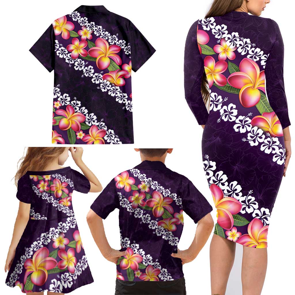 Purple Polynesia Family Matching Long Sleeve Bodycon Dress and Hawaiian Shirt Plumeria With Hibiscus Pattern Tropical Vibes LT14 - Polynesian Pride