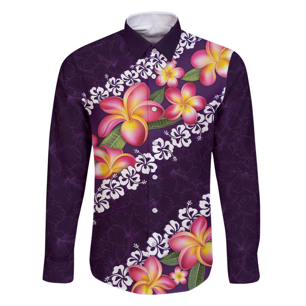 Purple Polynesia Family Matching Mermaid Dress and Hawaiian Shirt Plumeria With Hibiscus Pattern Tropical Vibes LT14 Dad's Shirt - Long Sleeve Purple - Polynesian Pride