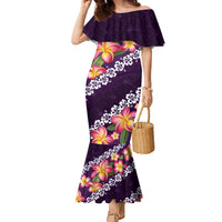 Purple Polynesia Family Matching Mermaid Dress and Hawaiian Shirt Plumeria With Hibiscus Pattern Tropical Vibes LT14 Mom's Dress Purple - Polynesian Pride