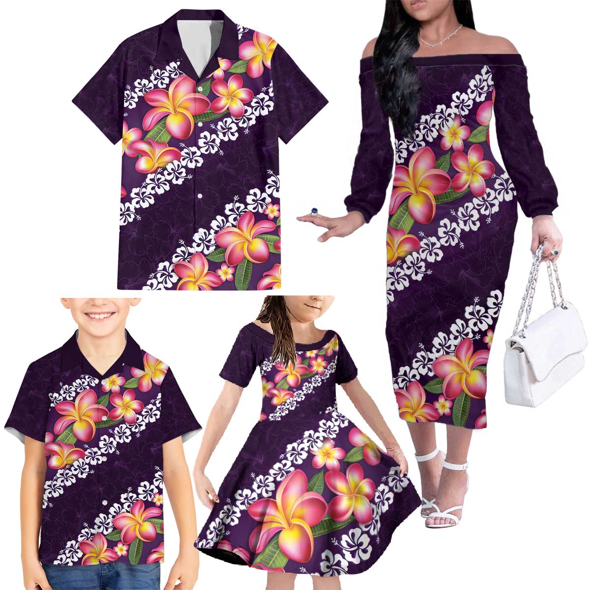 Purple Polynesia Family Matching Off The Shoulder Long Sleeve Dress and Hawaiian Shirt Plumeria With Hibiscus Pattern Tropical Vibes LT14 - Polynesian Pride