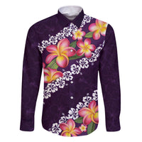 Purple Polynesia Family Matching Off The Shoulder Long Sleeve Dress and Hawaiian Shirt Plumeria With Hibiscus Pattern Tropical Vibes LT14 Dad's Shirt - Long Sleeve Purple - Polynesian Pride