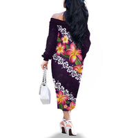 Purple Polynesia Family Matching Off The Shoulder Long Sleeve Dress and Hawaiian Shirt Plumeria With Hibiscus Pattern Tropical Vibes LT14 - Polynesian Pride