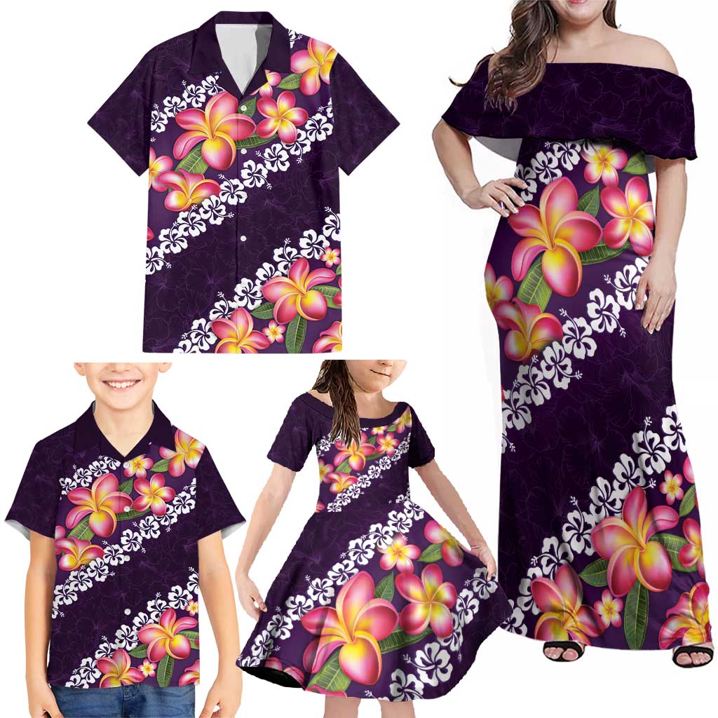 Purple Polynesia Family Matching Off Shoulder Maxi Dress and Hawaiian Shirt Plumeria With Hibiscus Pattern Tropical Vibes LT14 - Polynesian Pride