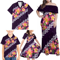 Purple Polynesia Family Matching Off Shoulder Maxi Dress and Hawaiian Shirt Plumeria With Hibiscus Pattern Tropical Vibes LT14 - Polynesian Pride