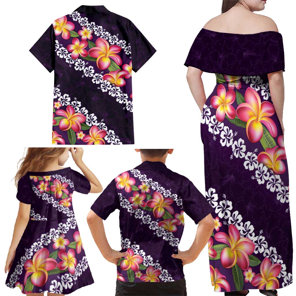 Purple Polynesia Family Matching Off Shoulder Maxi Dress and Hawaiian Shirt Plumeria With Hibiscus Pattern Tropical Vibes LT14 - Polynesian Pride