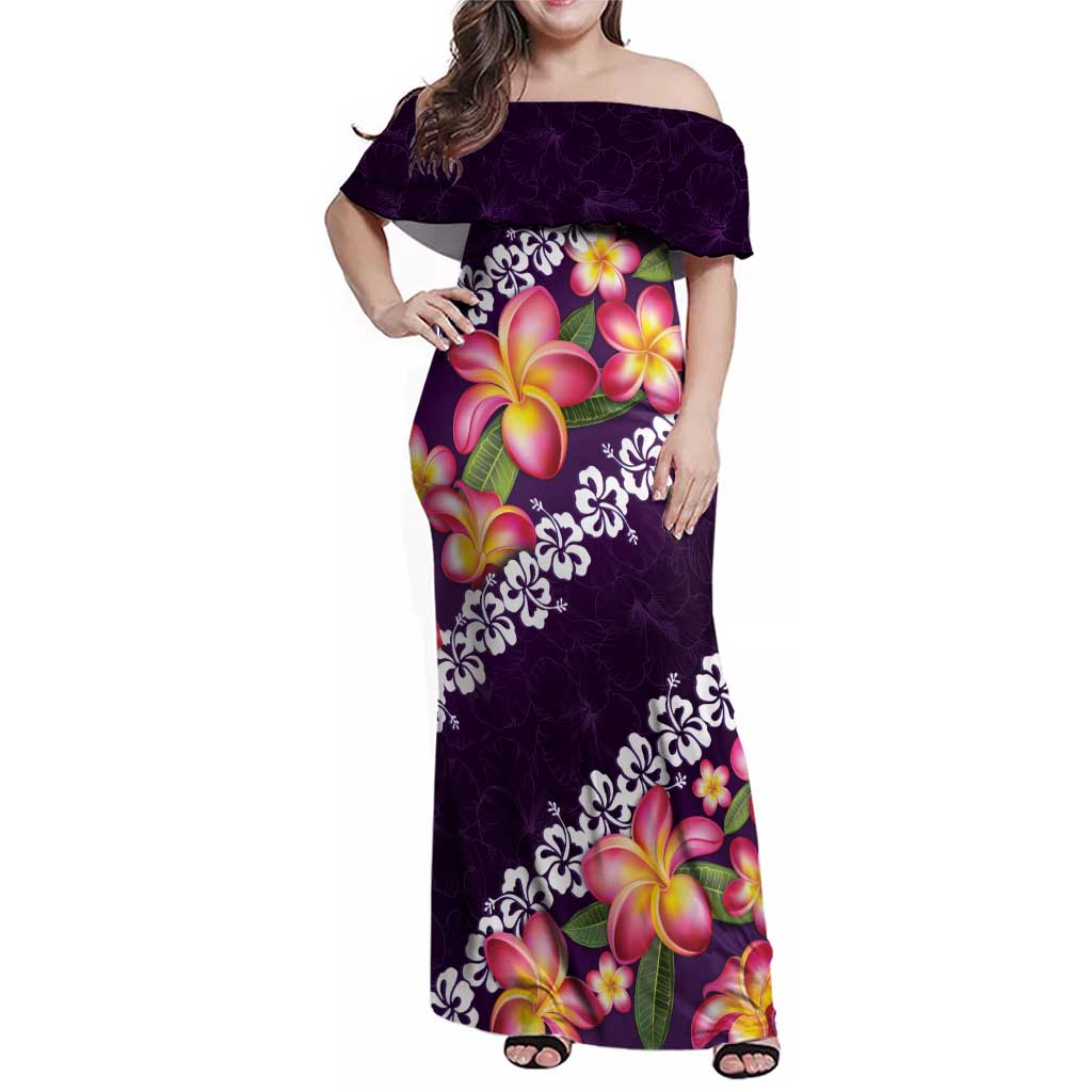 Purple Polynesia Family Matching Off Shoulder Maxi Dress and Hawaiian Shirt Plumeria With Hibiscus Pattern Tropical Vibes LT14 Mom's Dress Purple - Polynesian Pride