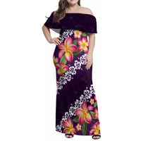 Purple Polynesia Family Matching Off Shoulder Maxi Dress and Hawaiian Shirt Plumeria With Hibiscus Pattern Tropical Vibes LT14 Mom's Dress Purple - Polynesian Pride