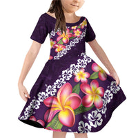 Purple Polynesia Family Matching Off Shoulder Short Dress and Hawaiian Shirt Plumeria With Hibiscus Pattern Tropical Vibes LT14 Daughter's Dress Purple - Polynesian Pride