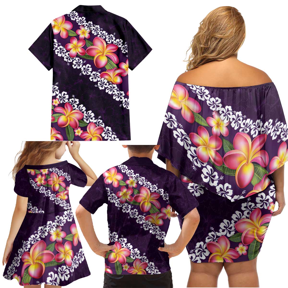 Purple Polynesia Family Matching Off Shoulder Short Dress and Hawaiian Shirt Plumeria With Hibiscus Pattern Tropical Vibes LT14 - Polynesian Pride