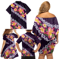 Purple Polynesia Family Matching Off Shoulder Short Dress and Hawaiian Shirt Plumeria With Hibiscus Pattern Tropical Vibes LT14 - Polynesian Pride