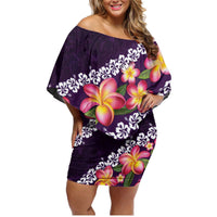 Purple Polynesia Family Matching Off Shoulder Short Dress and Hawaiian Shirt Plumeria With Hibiscus Pattern Tropical Vibes LT14 Mom's Dress Purple - Polynesian Pride