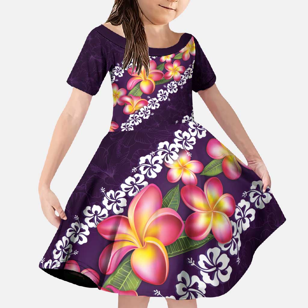 Purple Polynesia Family Matching Short Sleeve Bodycon Dress and Hawaiian Shirt Plumeria With Hibiscus Pattern Tropical Vibes LT14 Daughter's Dress Purple - Polynesian Pride