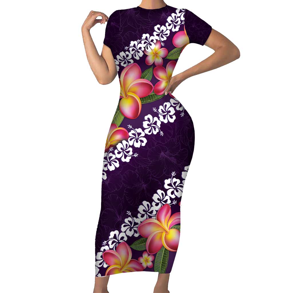 Purple Polynesia Family Matching Short Sleeve Bodycon Dress and Hawaiian Shirt Plumeria With Hibiscus Pattern Tropical Vibes LT14 Mom's Dress Purple - Polynesian Pride