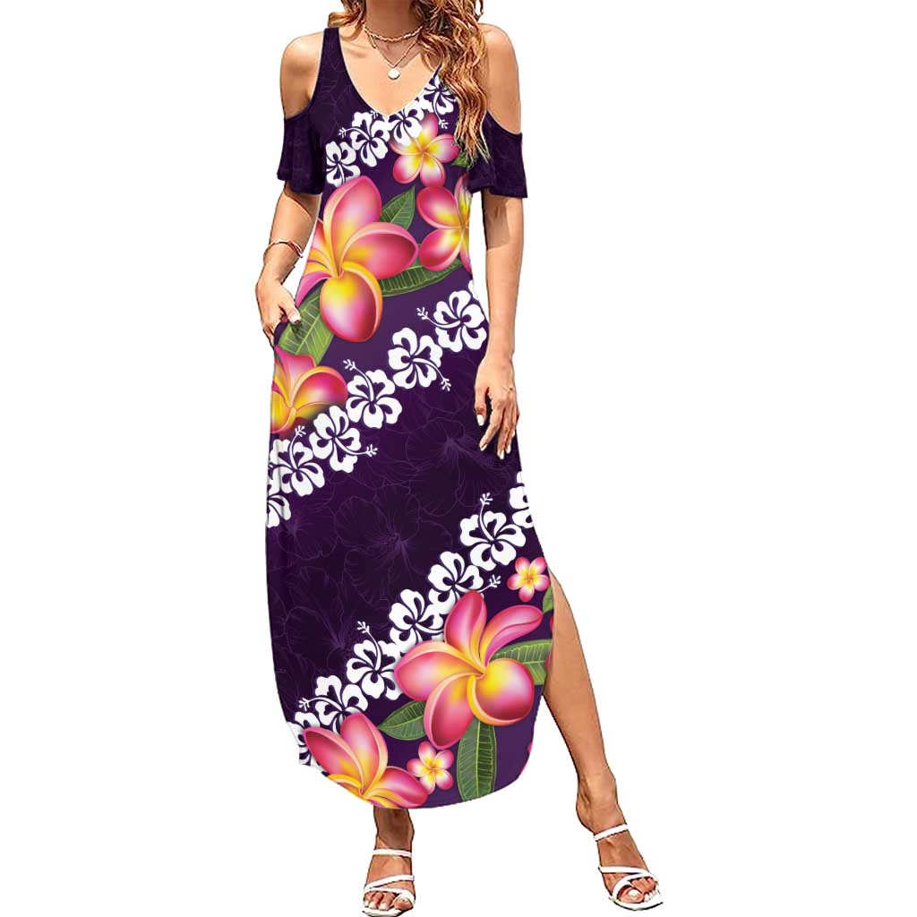 Purple Polynesia Family Matching Summer Maxi Dress and Hawaiian Shirt Plumeria With Hibiscus Pattern Tropical Vibes LT14 Mom's Dress Purple - Polynesian Pride